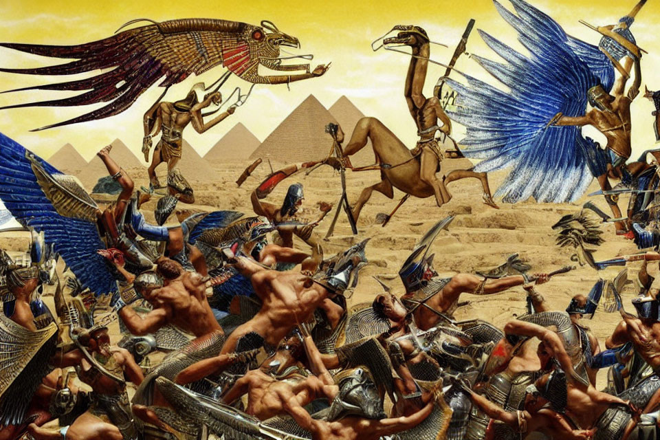 Mythological battle scene in ancient Egypt with warriors, winged creatures, camels, and py