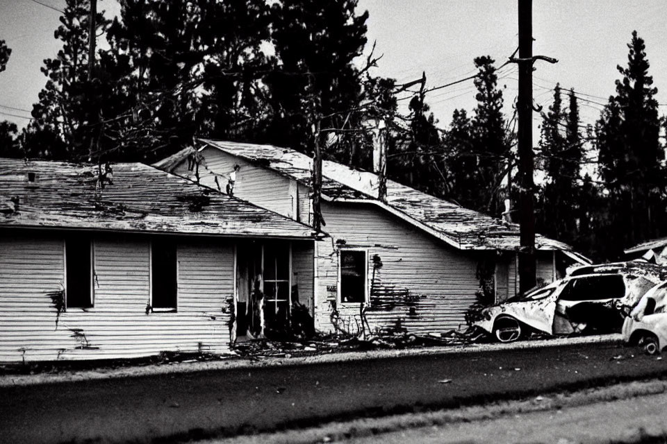 Monochrome image of damaged house and car with scattered debris