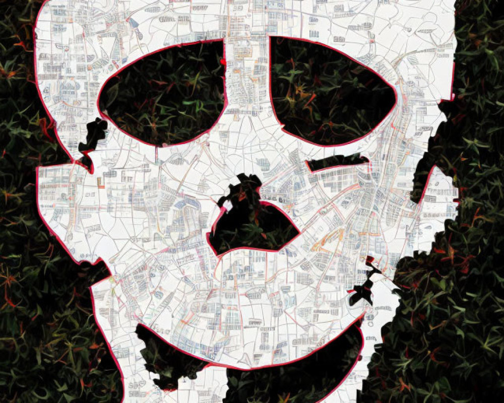 Skull-shaped city map art on leafy background