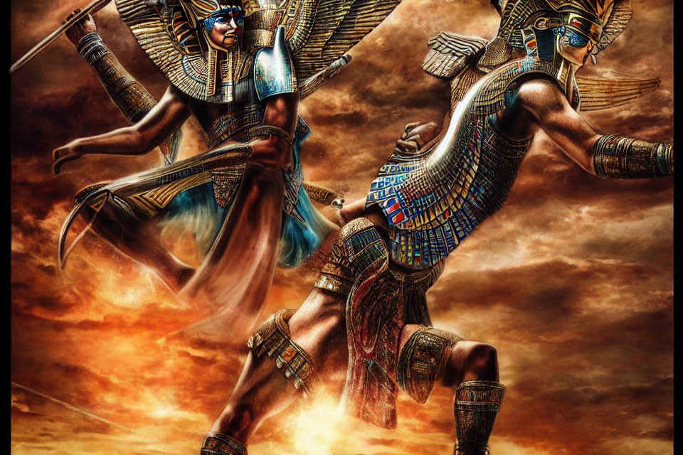 Ancient Egyptian figures in ornate attire battling under fiery sky