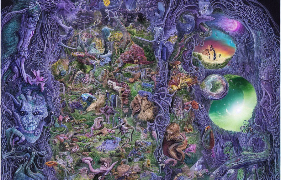 Detailed Psychedelic Artwork with Fantastical Creatures & Cosmic Landscapes