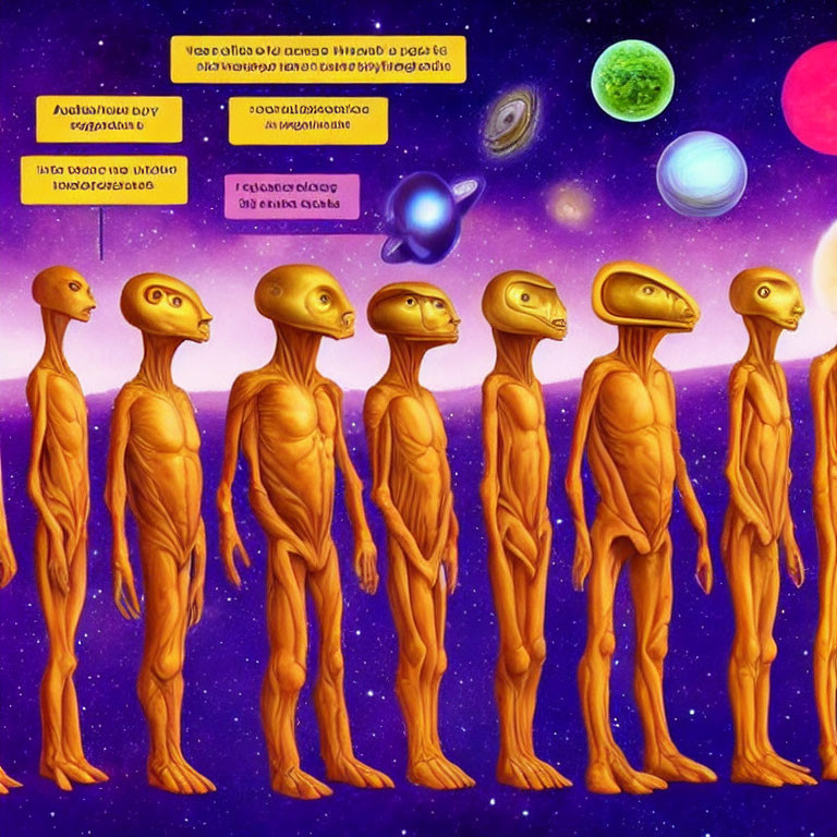 Seven Orange Bipedal Extraterrestrial Beings in Space Scene with Planets and Spacecraft