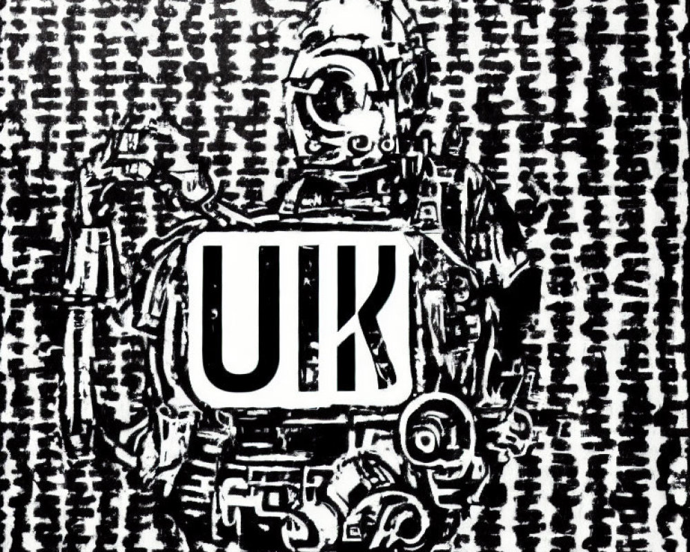 Monochrome robot holding "UKI" sign in stylized image