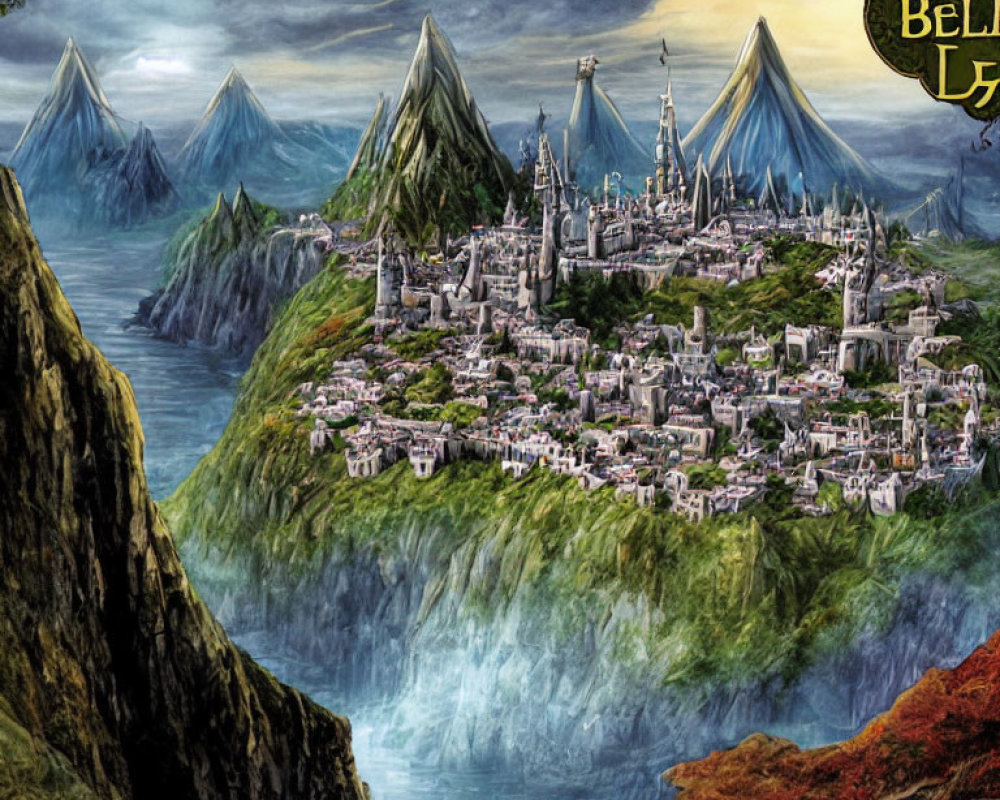 Fantastical city on waterfall with lush mountains & detailed architecture