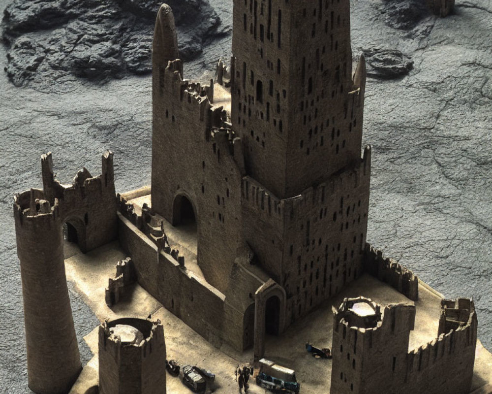 Miniature medieval fortress sandcastle with toy cars on sandy base