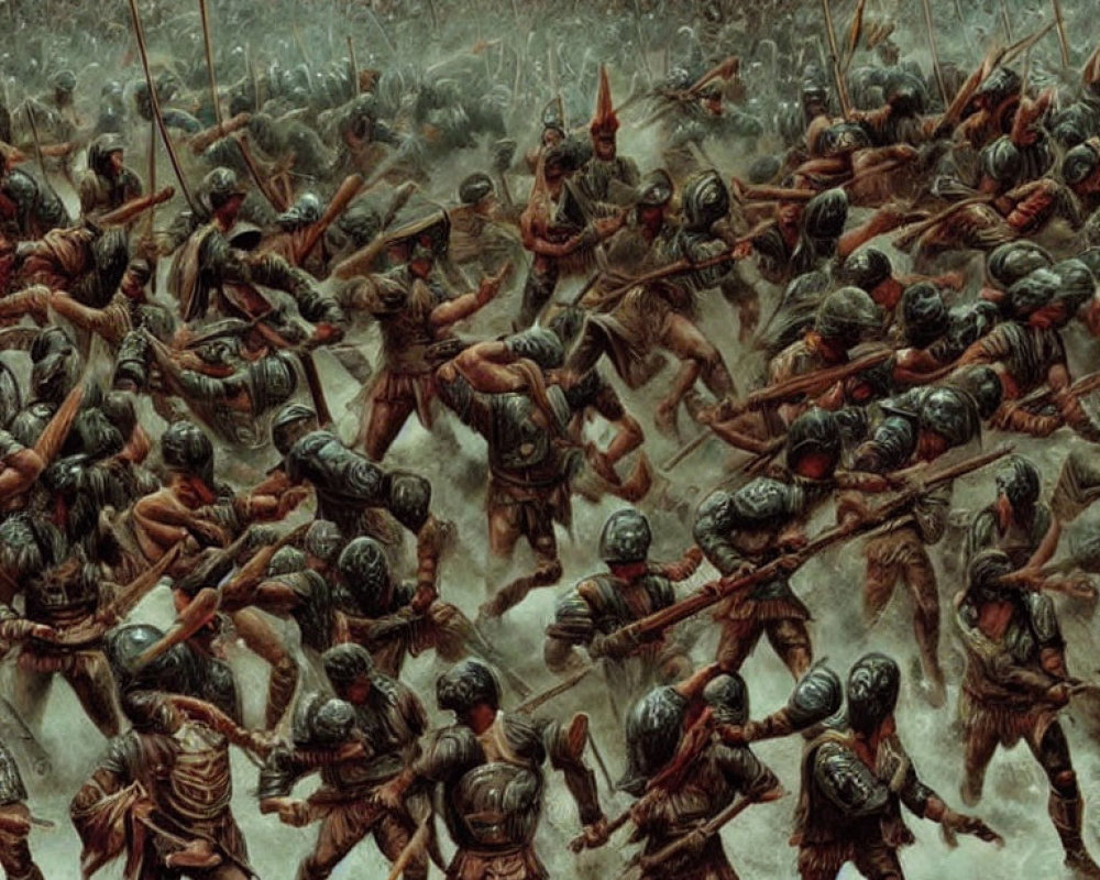 Historical battle scene with soldiers wielding spears and shields