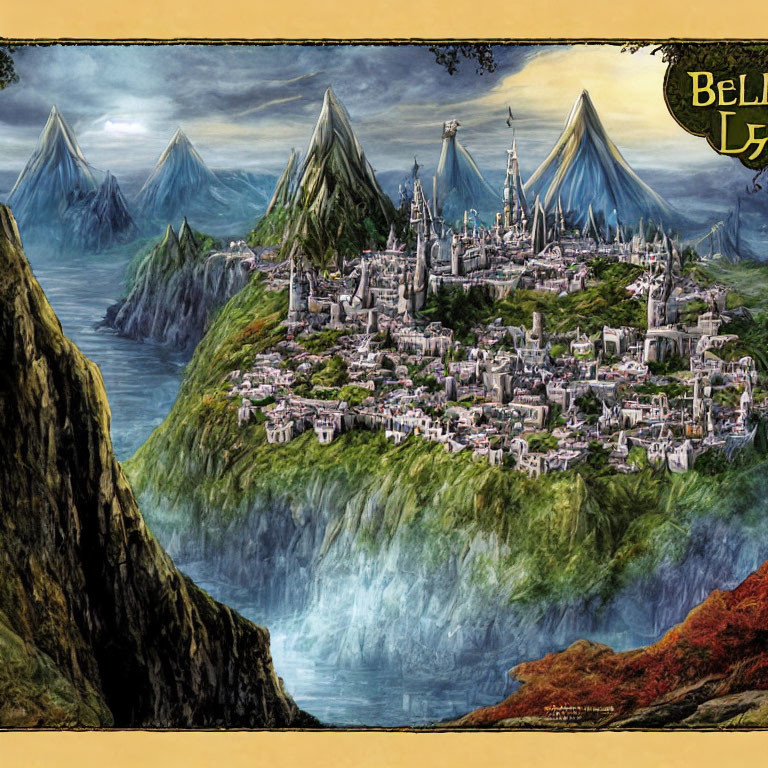 Fantastical city on waterfall with lush mountains & detailed architecture