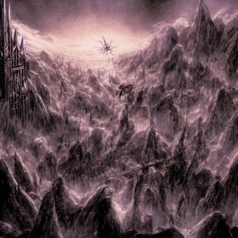 Dark castle and jagged mountains in ominous fantasy landscape