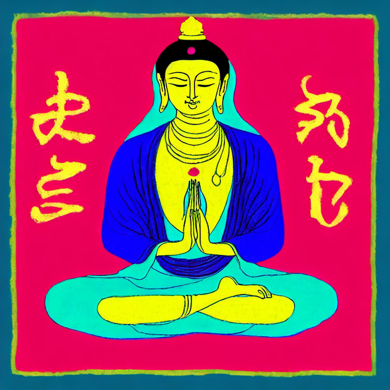 Colorful illustration of meditating figure in blue attire on pink background with yellow Asian script