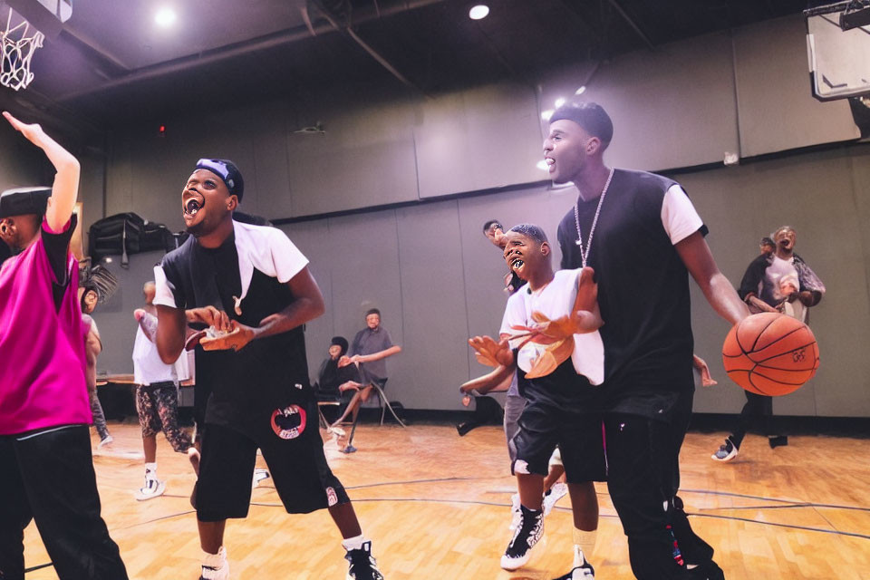 Vibrant Indoor Basketball Court Scene with Enthusiastic Players