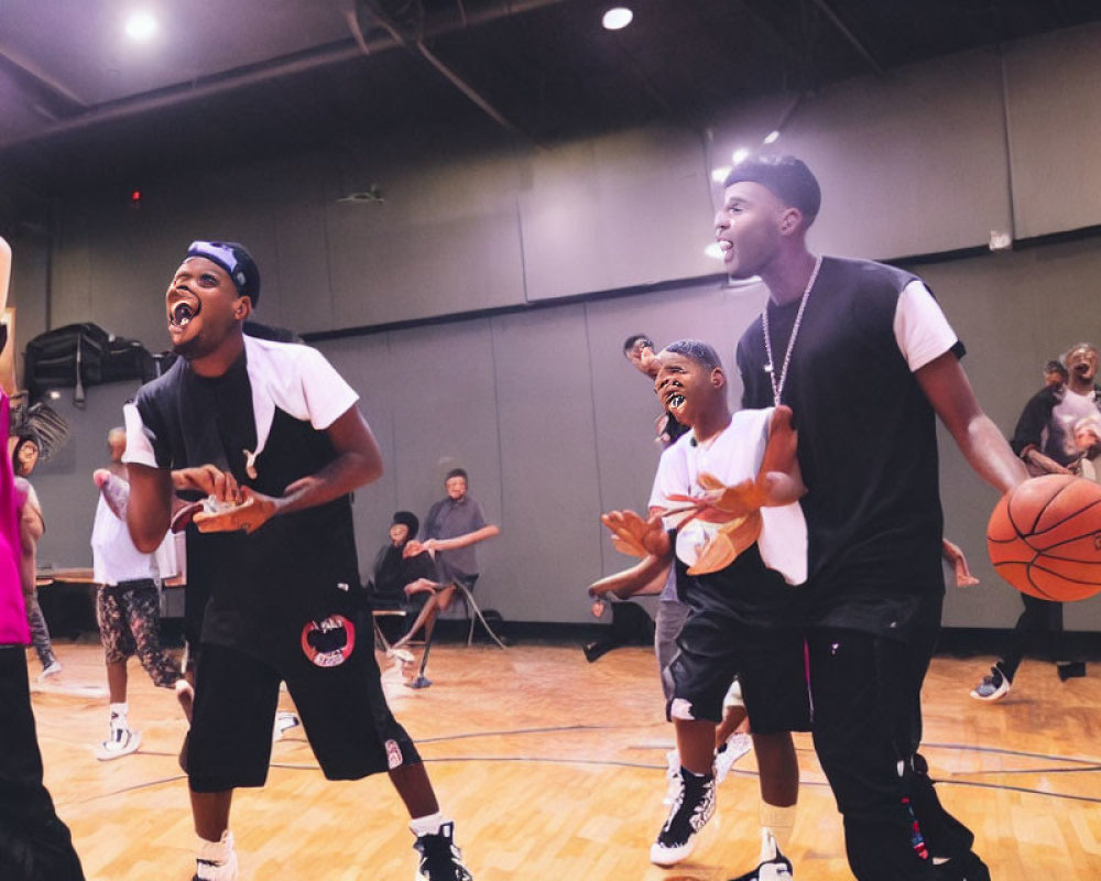 Vibrant Indoor Basketball Court Scene with Enthusiastic Players