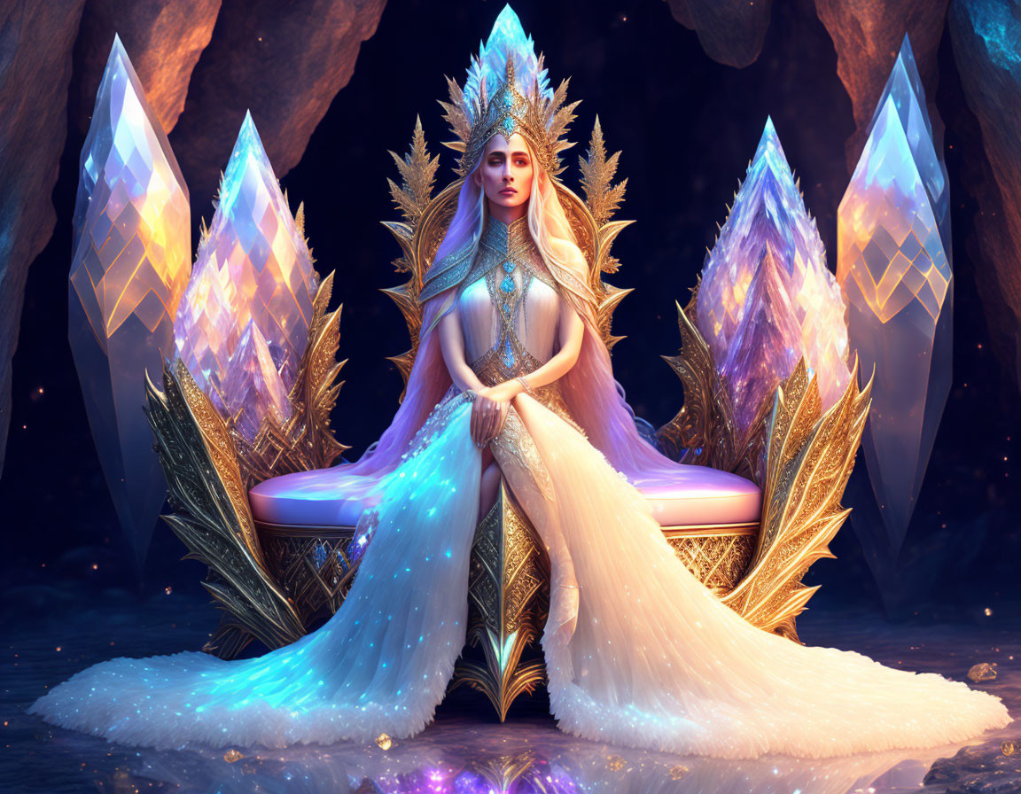 Majestic woman in radiant gown on throne with glowing crystals in cave-like setting