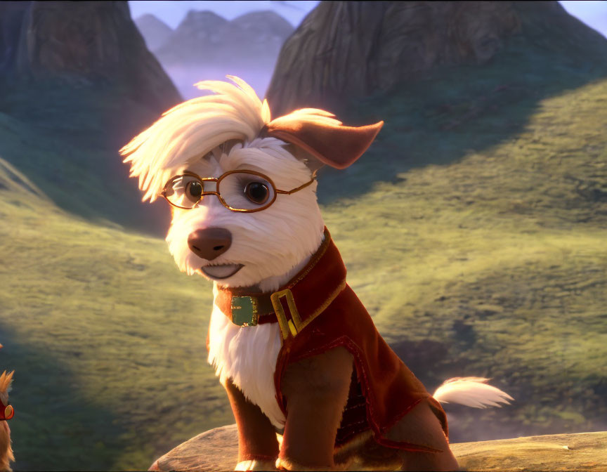 White and Tan Animated Dog in Glasses and Red Jacket in Sunny Landscape