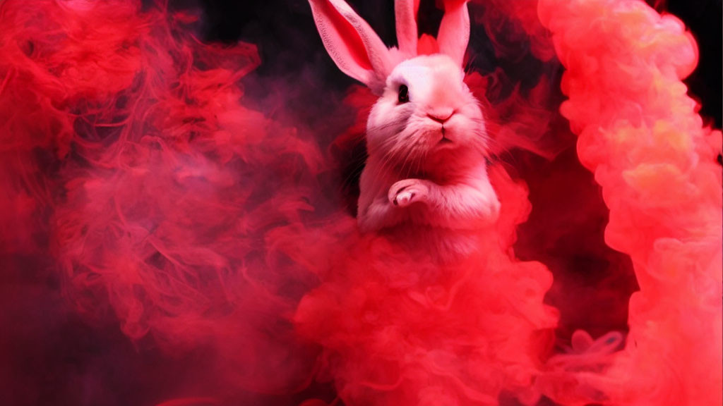 Pink bunny-eared rabbit in red smoke on dark background