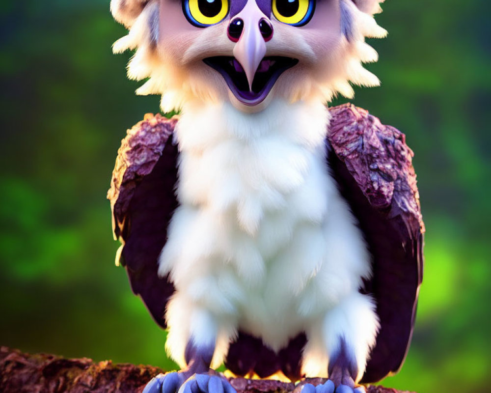 Anthropomorphic owl with large yellow eyes perched on branch in forest.