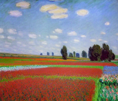 Vibrant Impressionist Landscape: Red Flower Fields, Blue Sky