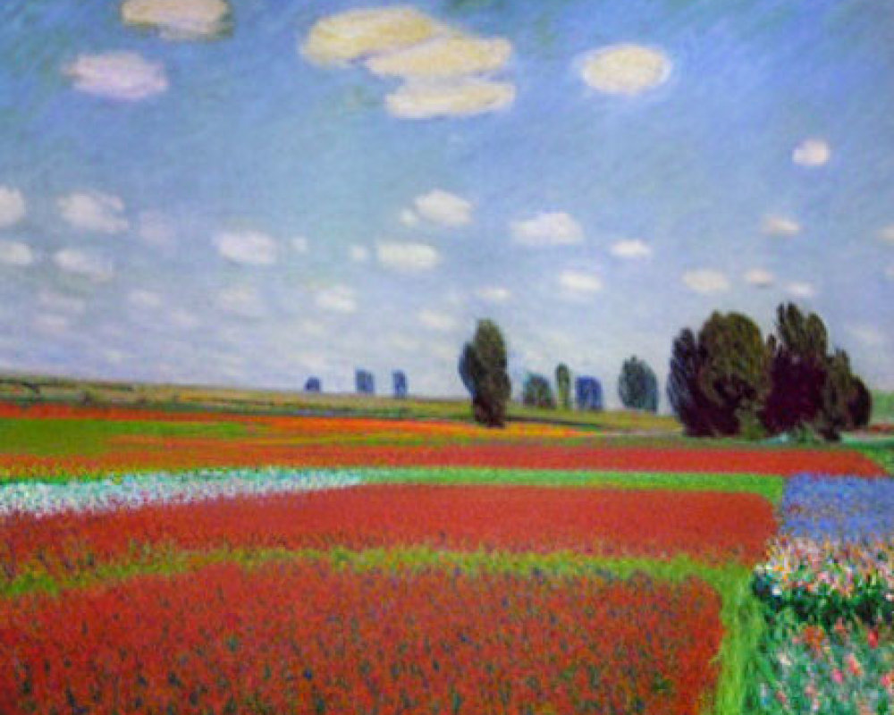 Vibrant Impressionist Landscape: Red Flower Fields, Blue Sky