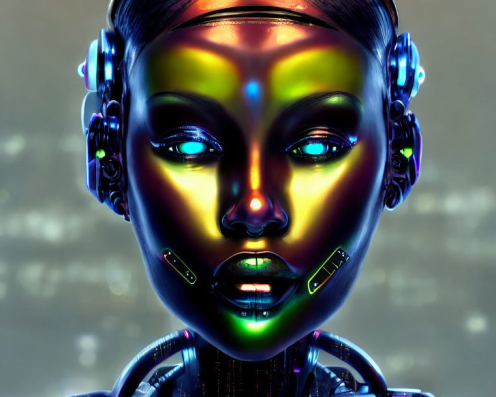 Cybernetic female figure with glowing skin and futuristic cityscape reflections