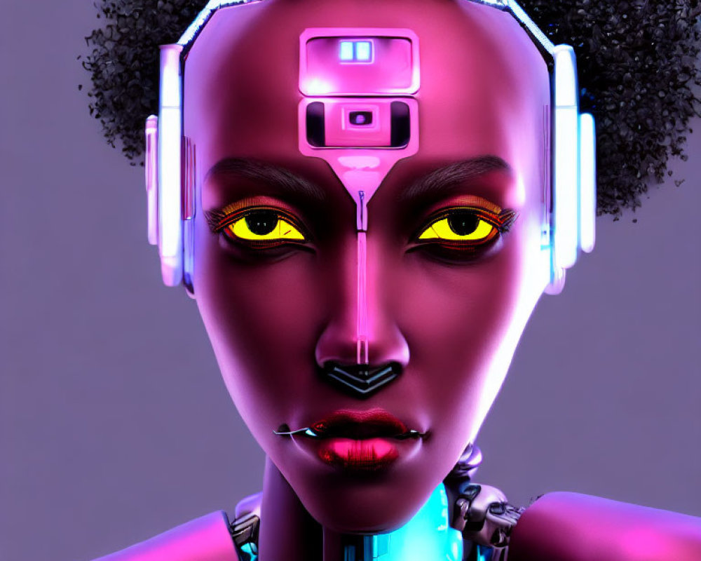 Purple-skinned robotic female with yellow eyes and cybernetic enhancements