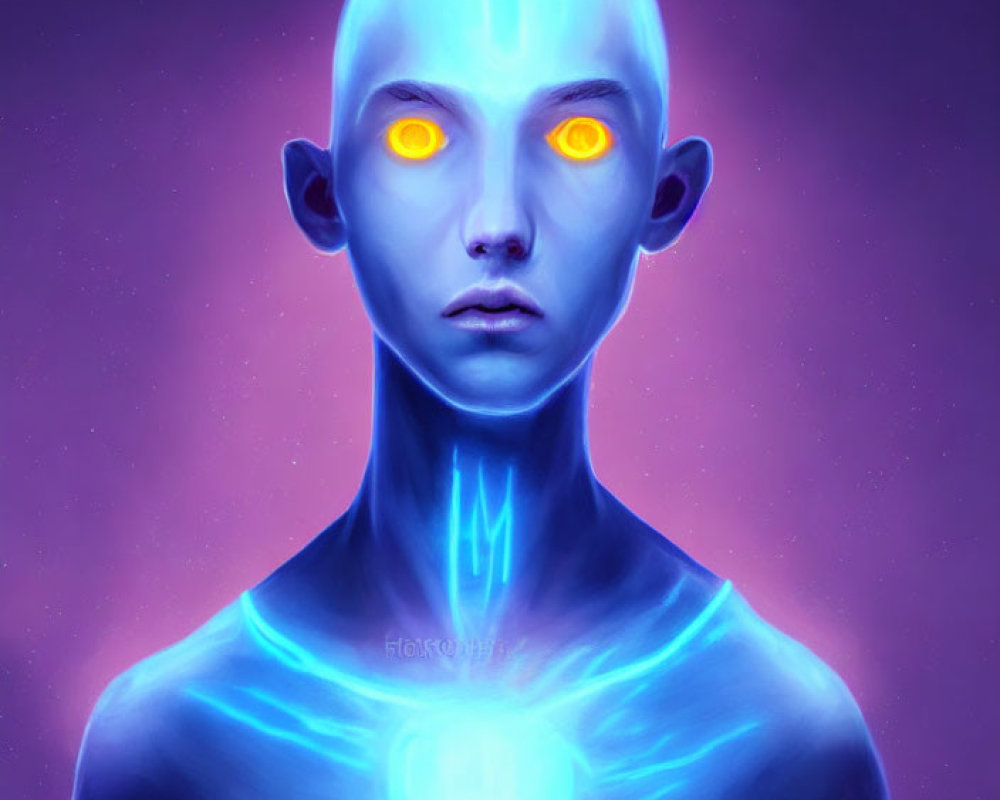 Blue humanoid with orange eyes and forehead symbol on purple background