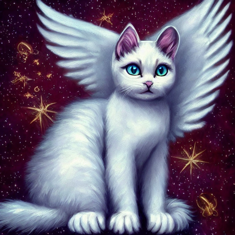 White Winged Cat with Blue Eyes in Cosmic Setting and Golden Symbols