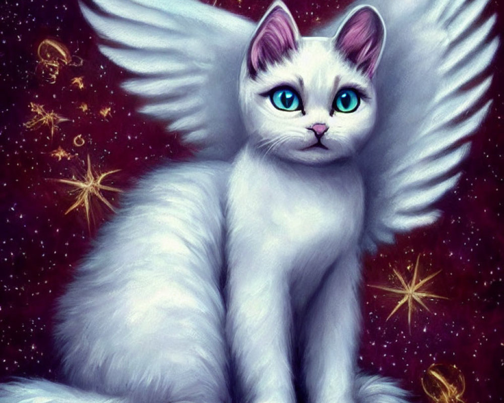 White Winged Cat with Blue Eyes in Cosmic Setting and Golden Symbols