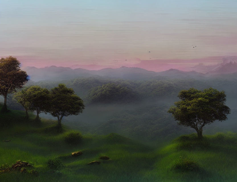 Tranquil dusk landscape: green hills, trees, misty horizon, gradient sky, birds.