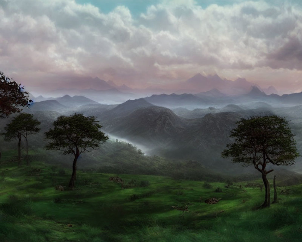 Tranquil landscape with green hills, trees, distant mountains, and cloudy sky