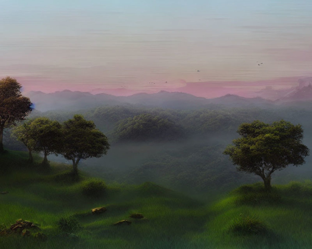 Tranquil dusk landscape: green hills, trees, misty horizon, gradient sky, birds.