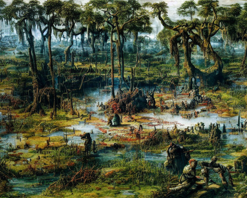 Detailed artwork of dense swamp with large trees, hanging moss, murky water, and human-like figures in