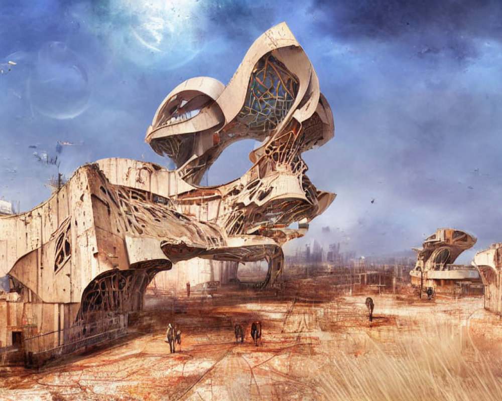 Dilapidated futuristic structure in post-apocalyptic landscape