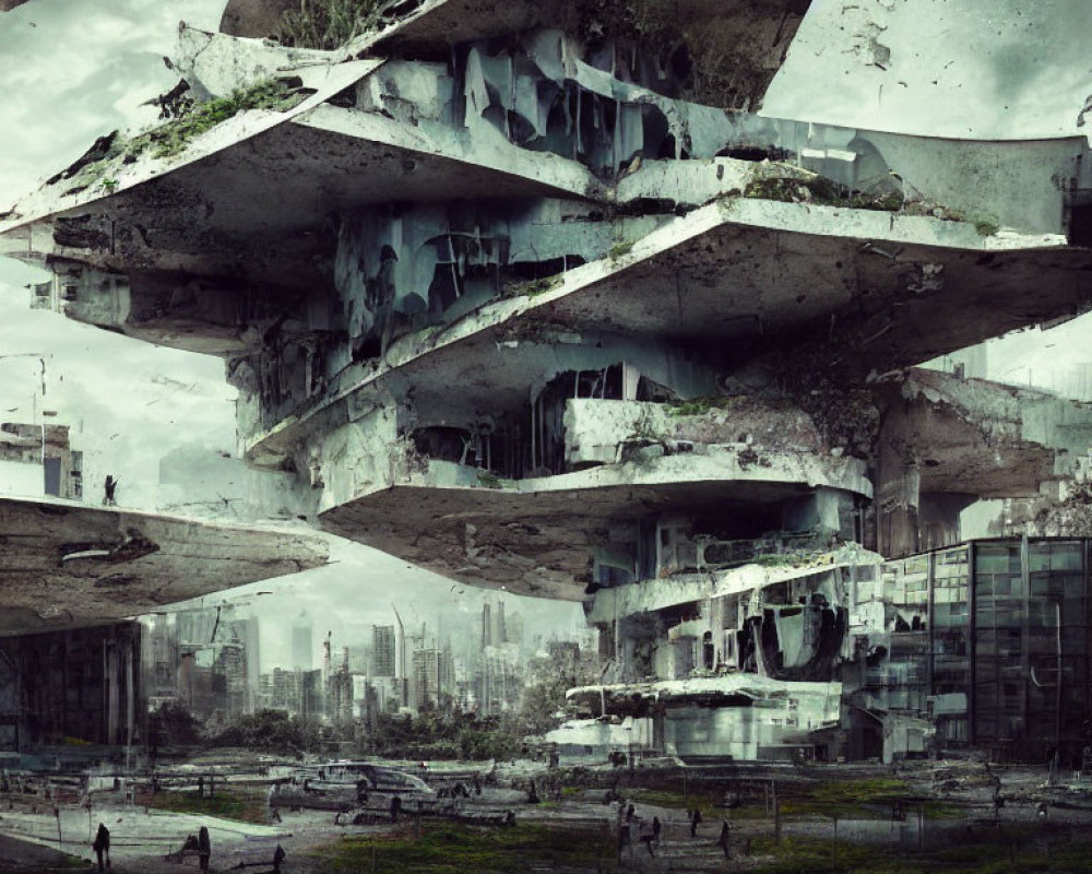 Dystopian collage of deteriorating concrete structures in futuristic city