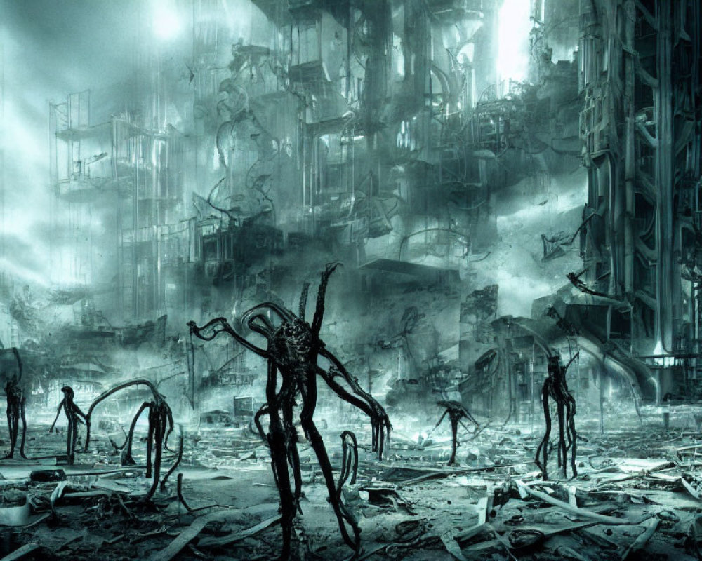 Dark, shadowy figures in a dystopian industrial setting amid ruins and fog