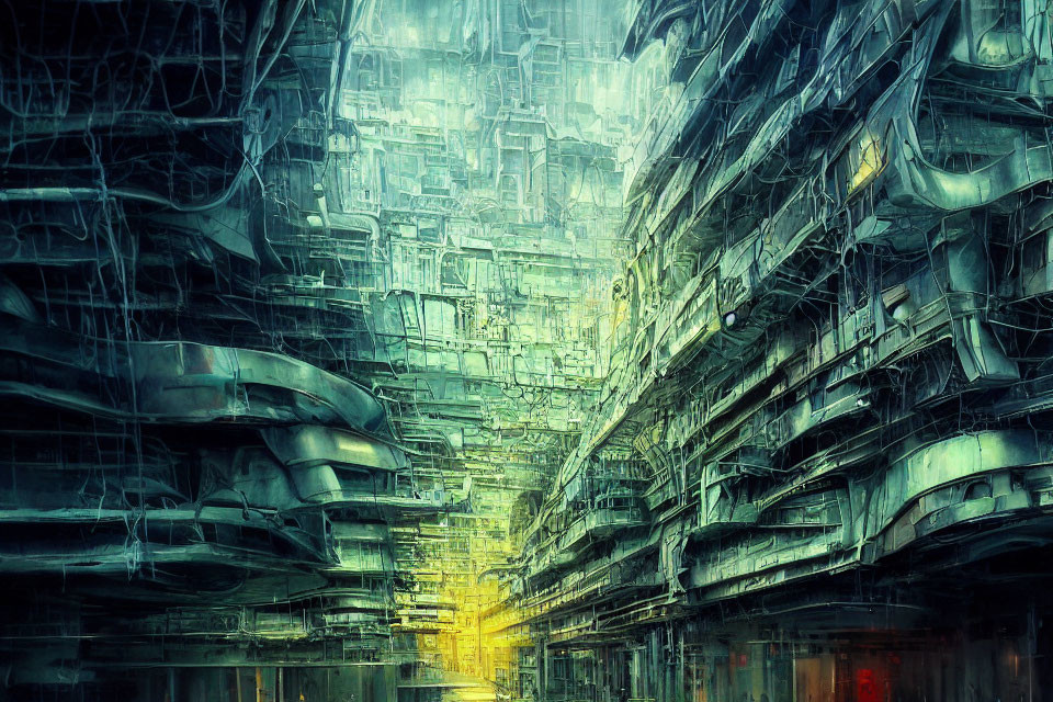 Dense Cyberpunk Cityscape with Glowing Yellow Light