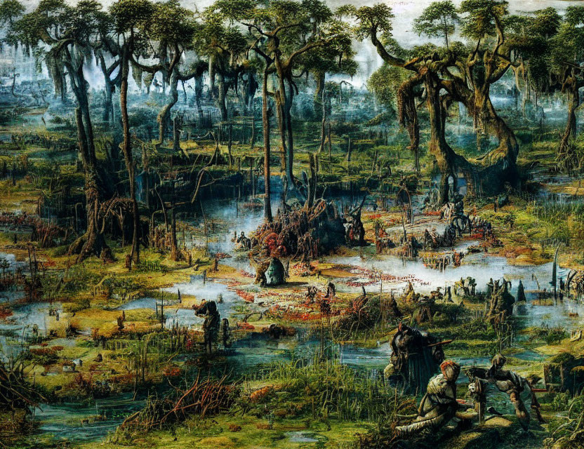 Detailed artwork of dense swamp with large trees, hanging moss, murky water, and human-like figures in