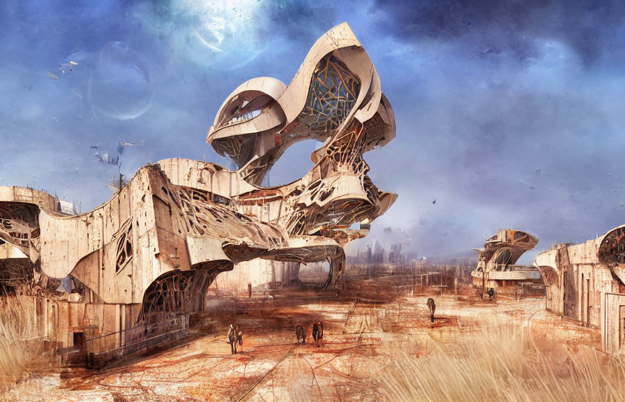 Dilapidated futuristic structure in post-apocalyptic landscape