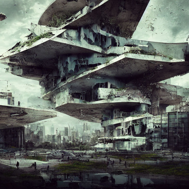 Dystopian collage of deteriorating concrete structures in futuristic city