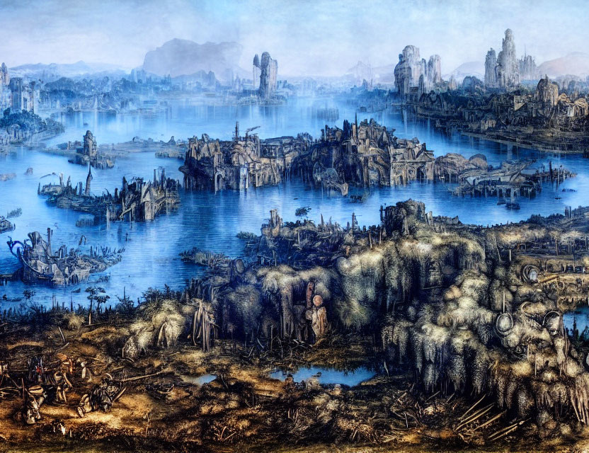 Dystopian landscape painting with ruined buildings and survivors