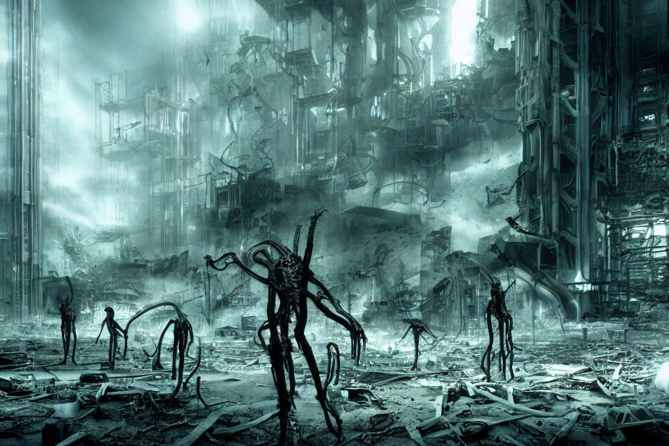 Dark, shadowy figures in a dystopian industrial setting amid ruins and fog