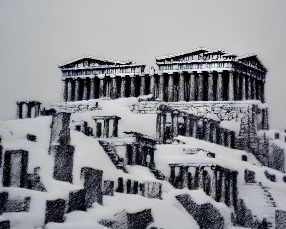 Snow-covered Parthenon evokes surreal cold atmosphere