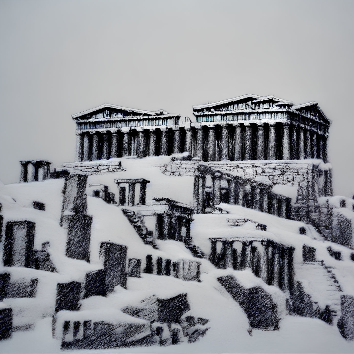 Snow-covered Parthenon evokes surreal cold atmosphere