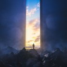 Person on Cliff Gazing at Vertical Color Gradients in Starry Sky