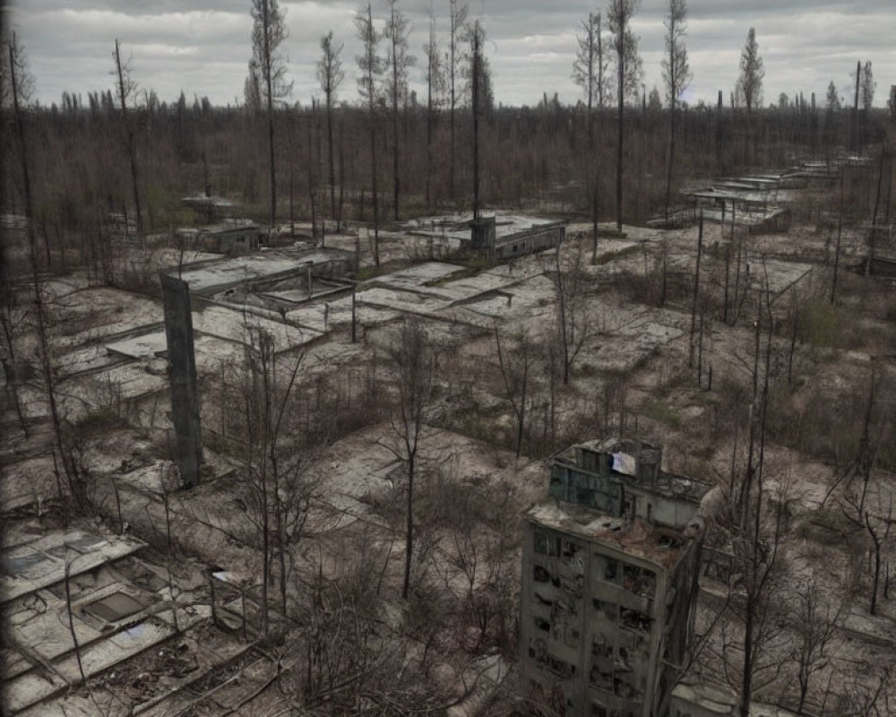 Desolate Overgrown Area with Bare Trees and Ruins