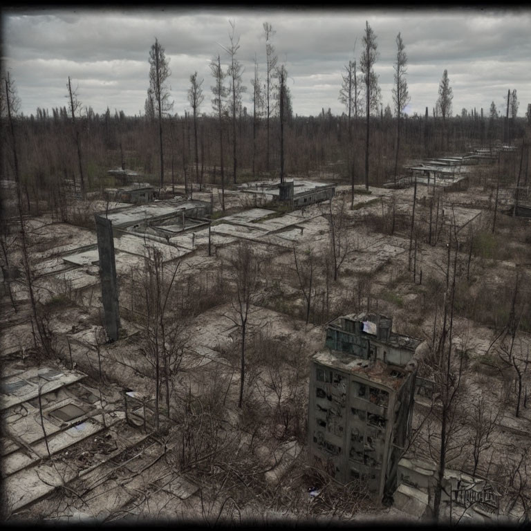 Desolate Overgrown Area with Bare Trees and Ruins