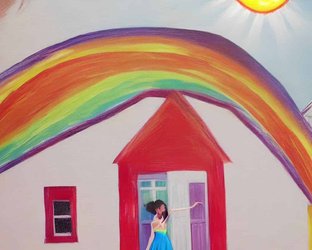 Colorful Painting of Girl Opening Door to Red House with Rainbow and Sun