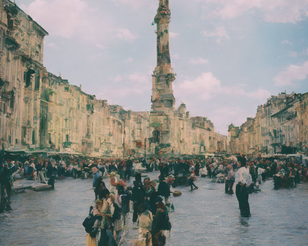 Flooded city square with crowd and monument under cloudy sky