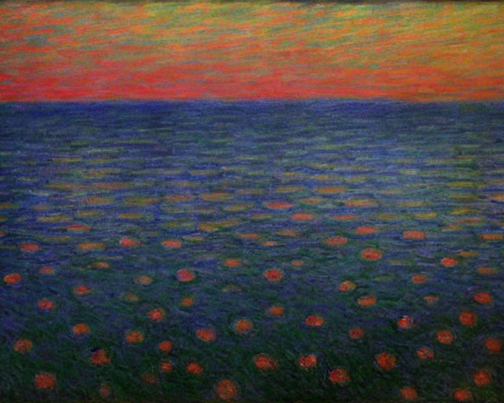 Seascape painting at dusk with orange and blue hues and water lilies.