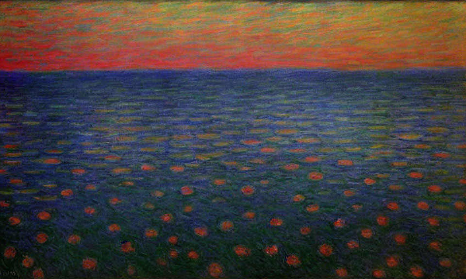 Seascape painting at dusk with orange and blue hues and water lilies.