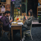 Elegantly dressed men conversing at a vintage cup-filled table in eclectic room