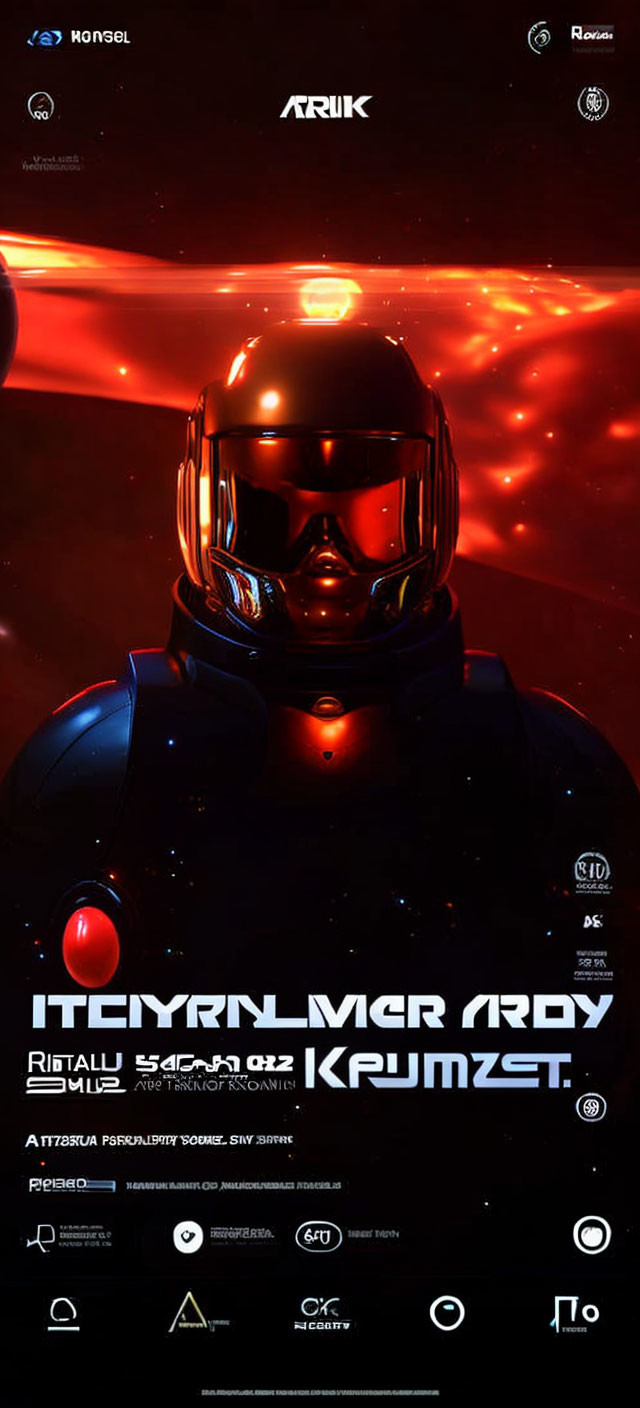 Futuristic astronaut poster with red and black hues and sci-fi logos